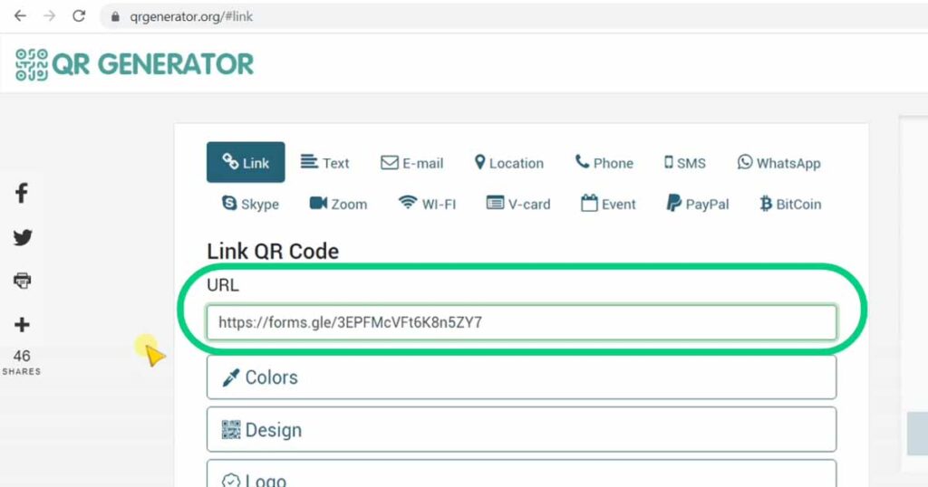 Google forms link for QR code